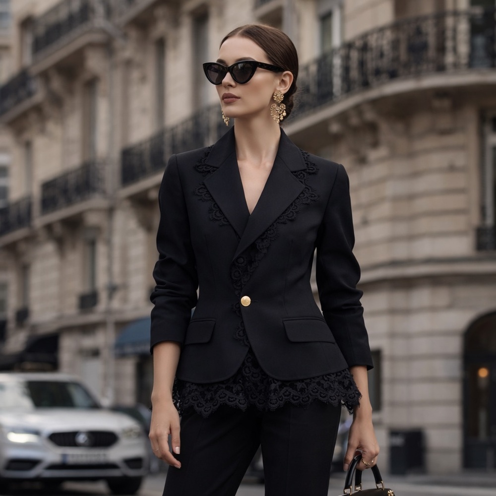 Dolce & Gabbana Wool Blend Black Blazer with Lace Hem